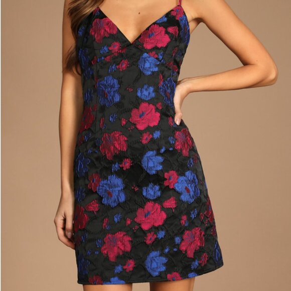 Lulus Night in Bloom Black Floral Jacquard Mini Dress - Picture 1 of 4